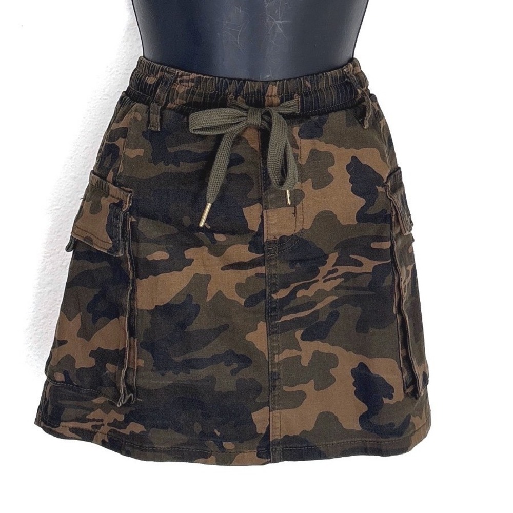 Camo Cargo Mini‎ Skirt L Brown Green Elastic Drawstring Granola Grunge Punk Rock